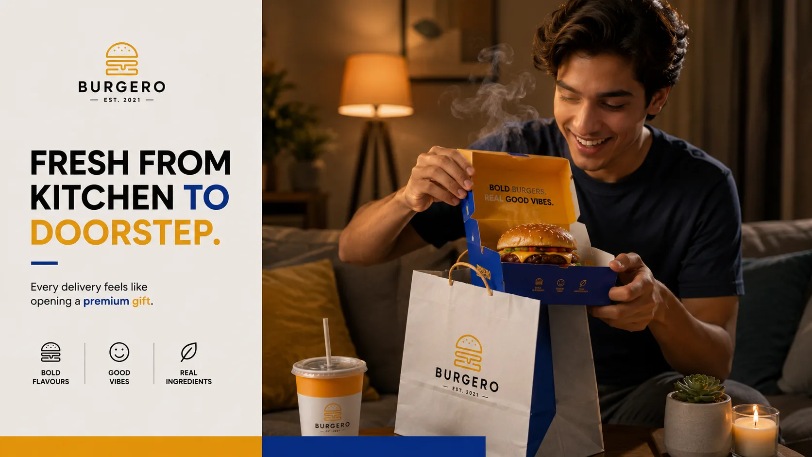 Burgero — Logo and Branding packaging & visual design mockup 11 by Raghav Chopra